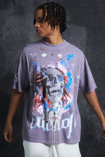 Oversized Gebleekt Zwaar T-Shirt Met Brede Nek En Print purple