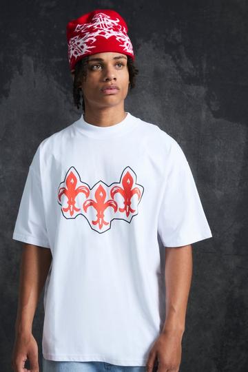 White Trippie Redd Oversized Extended Neck Heavyweight Fleur De Lis T-Shirt