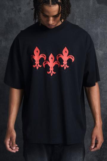 Black Trippie Redd Oversized Extended Neck Heavyweight Washed Fleur De Lis T-Shirt