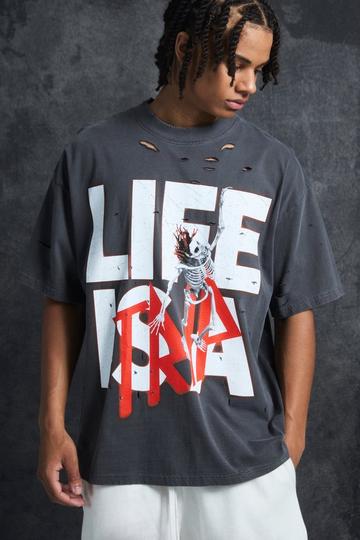 Trippie Redd Oversized Extended Neck Heavyweight Washed Life T-shirt charcoal