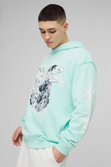 Oversized Loopback Raw Seams Worldwide Printed Hoodie turquoise