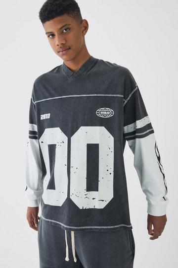 Tall Acid Wash Varsity Flame Print Faux Layer T-shirt black