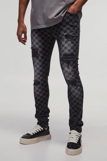 Black Super Skinny Stretch Checkerboard Ripped Denim Jeans