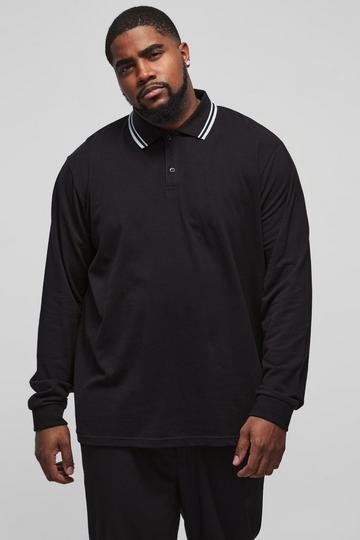 Plus Slim Tipped Pique Long Sleeve Polo In Black black