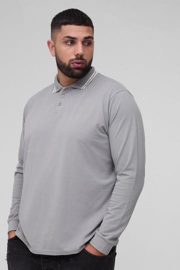 Plus Grijze Pique Slim Fit Polo Met Contrasterende Zoom En Lange Mouwen grey