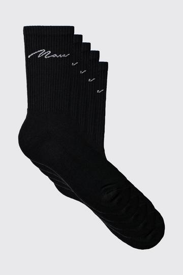 5 Pack MAN Script Logo Plain Sport Socks black