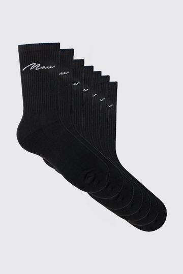 Black 7 Pack Man Script Logo Plain Sport Socks