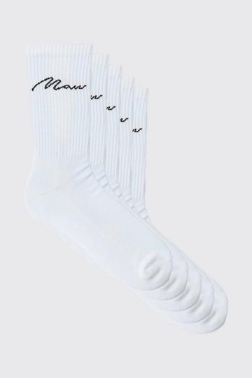 5 Pack MAN Script Logo Plain Sport Socks white