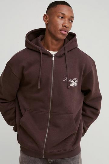 Oversized BM 3D Embroidered Zip Through Hoodie chocolate