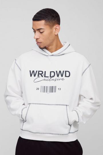 Oversized Boxy Contrast Stitch WRLDWD Graphic Hoodie white