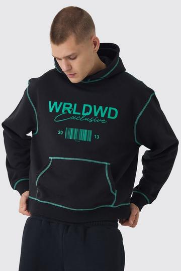 Black Oversized Boxy Contrast Stitch WRLDWD Graphic Hoodie