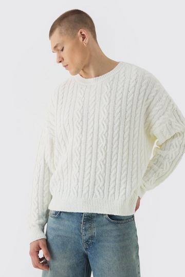 Cream White Boucle Cable Knit Boxy Jumper