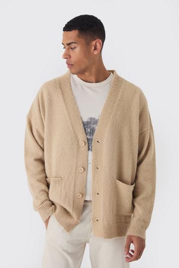 Cream White Brushed Knit Oversized Drop Shoulder Cardigan