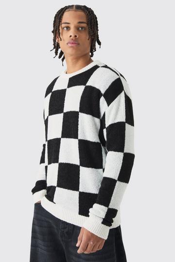 Boucle Knit Checkered Crew Neck Jumper black