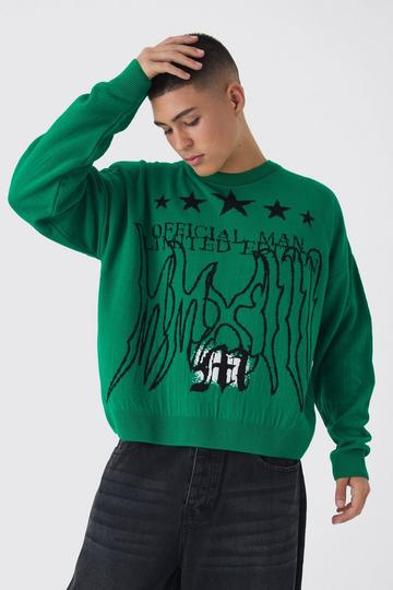 Green Boxy Star Graphic Crew Neck Jumper