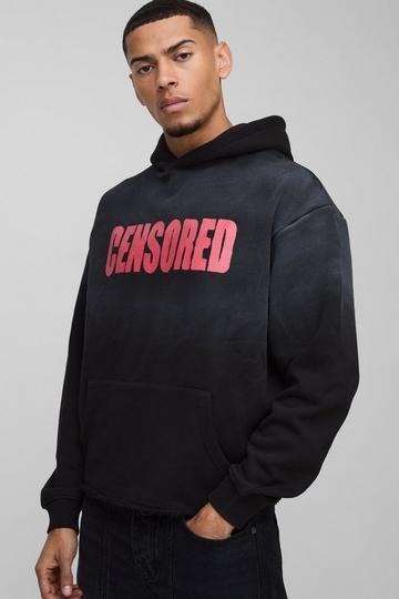 Oversized Boxy Censored Spray Wash Raw Hem Hoodie black