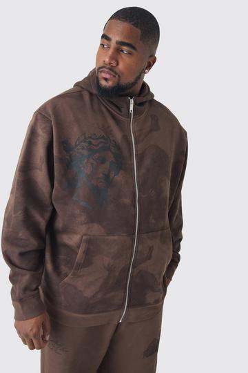 Plus Oversized Renaissance Print Hoodie Met Rits brown