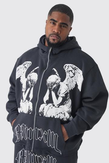 Plus Oversized Boxy Zip Up Cherub Print Hoodie charcoal