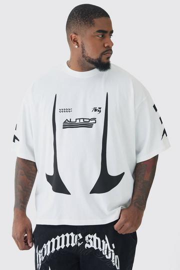 White Plus Oversized Boxy Moto Print T-Shirt