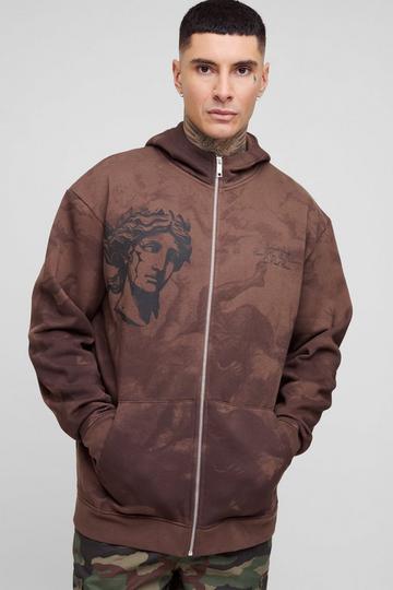 Tall Oversized Renaissance Print Hoodie Met Rits brown