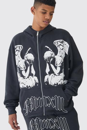 Tall Oversized Boxy Zip Up Cherub Print Hoodie charcoal