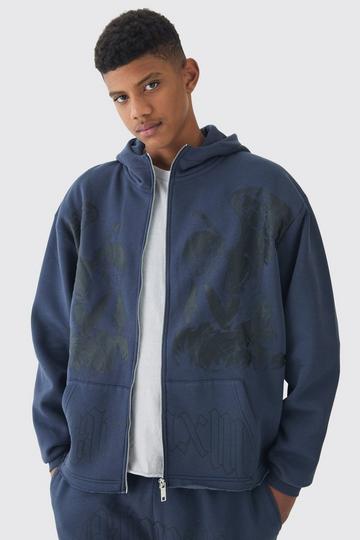 Blue Tall Oversized Boxy Zip Thru Cherub Print Hoodie