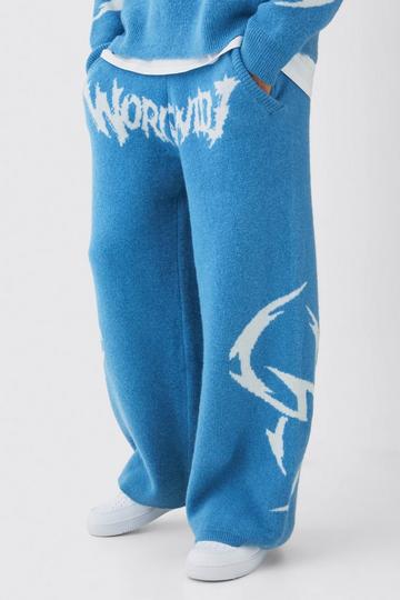 Blue Wide Leg Worldwide Skeleton Knitted Jogger