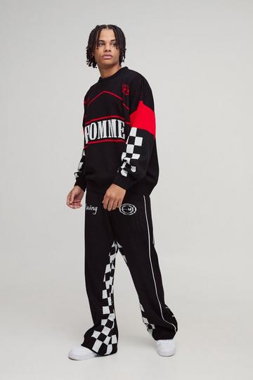 Oversized Sweatshirt Moto Flared Jogger Knitted Tracksuit black