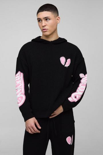 Oversized Boxy Printed Broken Heart Teddy Graphic Knitted Hoodie black