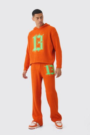 Orange Boxy Hoodie 13 Graphic Stacked Flare Knitted Tracksuit