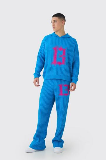 Blue Boxy Hoodie 13 Graphic Stacked Flare Knitted Tracksuit