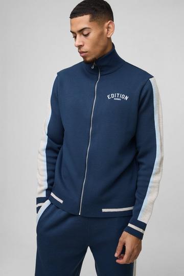 Edition Contrast Stripe Zip Up Knitted Jacket blue