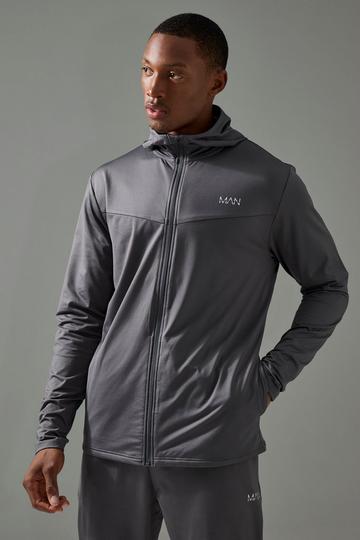 Charcoal Grey Man Active Fleece Back Performance Slim Fit Zip Through Hoodie