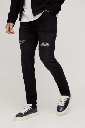 Tall Heavyweight Skinny Fit Embroidered Carpenter Trousers washed black