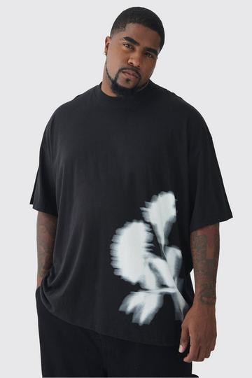 Plus Oversized Extended Neck Blurred Floral T-Shirt black