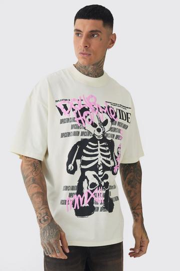 Tall Oversized Teddy Skeleton Graphic Puff Print T-Shirt ecru