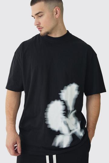 Tall Oversized Extended Neck Blurred Floral T-Shirt black