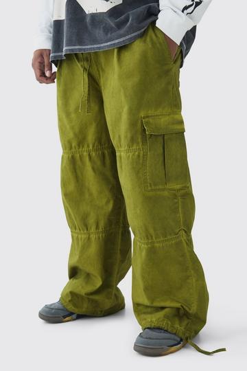 Plus Elasticated Waist Oil Wash Baggy Fit Cargo Trousers khaki