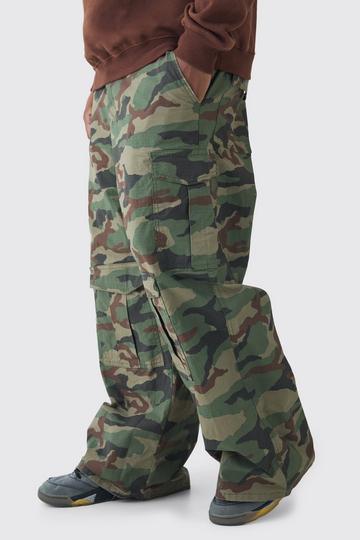 Plus Baggy Fit Distressed Pocket Canvas Camo Cargo Trousers khaki