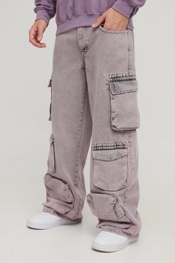 Pink Baggy Rigid Pink Tinted Multi Pocket Cargo Denim Jeans