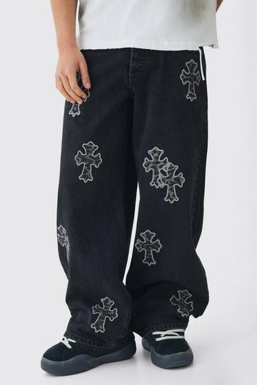 Baggy Rigid Leopard Cross Applique Denim Jeans black