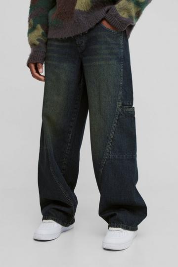 Baggy Rigid Seam Detail Cargo Denim Jeans petrol