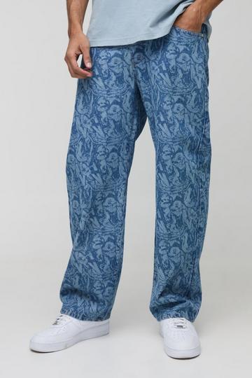 Onbewerkte Baggy Laser Print Denim Jeans mid blue