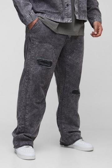 Plus Acid Wash Distressed Relaxed Fit Carpenter Trousers grey