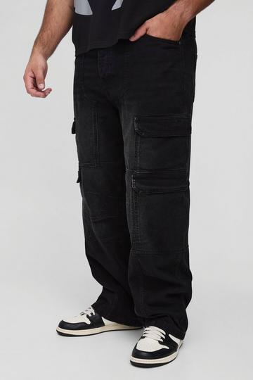 Plus Heavyweight Relaxed Fit Multi Cargo Pocket Trousers black