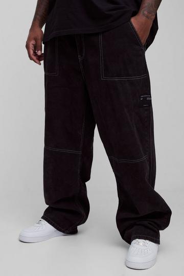 Black Plus Acid Wash Relaxed Fit Worker Trouser