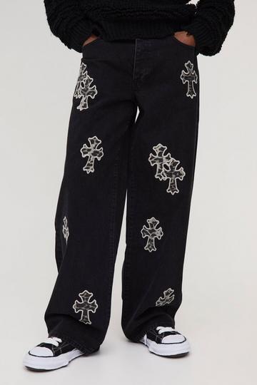 Black Tall Baggy Leopard Cross Applique Jeans