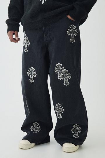 Plus Baggy Leopard Cross Applique Jeans washed black