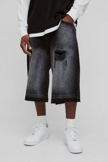 Ripped LongLine Denim Jorts washed black