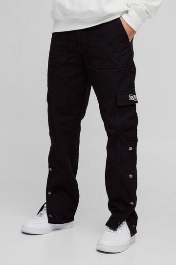 Straight Ripstop Popper Hem Branded Cargo Trousers black